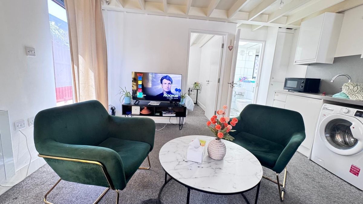 Open-plan studio with a smart TV, green armchairs and the kitchen behind